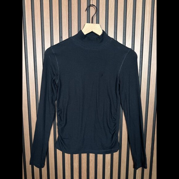 AllSaints Top Small Womens Gray Soft Ribbed Mock Neck Long Sleeve Ram Skull - Picture 1 of 7